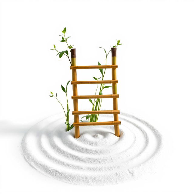 A simple bamboo ladder surrounded by a few green sprouts and leaves, with concentric circles on the ground radiating from the base of the ladder made of white sand in a Japanese style