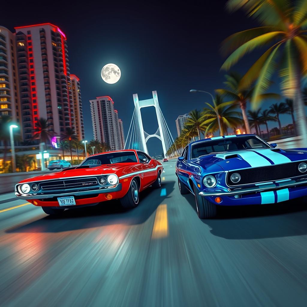 A thrilling night street race scene featuring a vintage red Dodge Challenger racing against a vintage blue Ford Mustang with white stripes