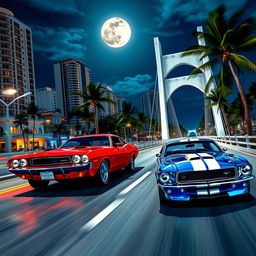 A thrilling night street race scene featuring a vintage red Dodge Challenger racing against a vintage blue Ford Mustang with white stripes