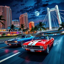 A thrilling night street race scene featuring a vintage red Dodge Challenger racing against a vintage blue Ford Mustang with white stripes