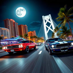 A thrilling night street race scene featuring a vintage red Dodge Challenger racing against a vintage blue Ford Mustang with white stripes