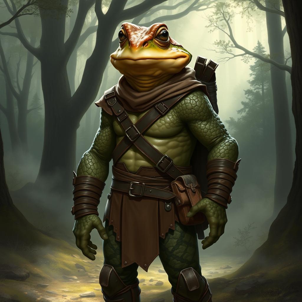 A Dungeons and Dragons character depicted as a human toad-frog hybrid, showcasing a unique blend of humanoid and amphibian features with textured skin reflecting shades of green and brown