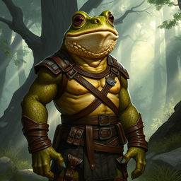 A Dungeons and Dragons character depicted as a human toad-frog hybrid, showcasing a unique blend of humanoid and amphibian features with textured skin reflecting shades of green and brown