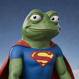 Pepe the Frog as a Superman, displaying his powers confidently, all in high definition.