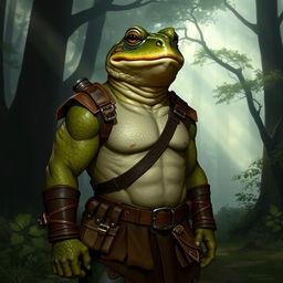 A Dungeons and Dragons character depicted as a human toad-frog hybrid, showcasing a unique blend of humanoid and amphibian features with textured skin reflecting shades of green and brown