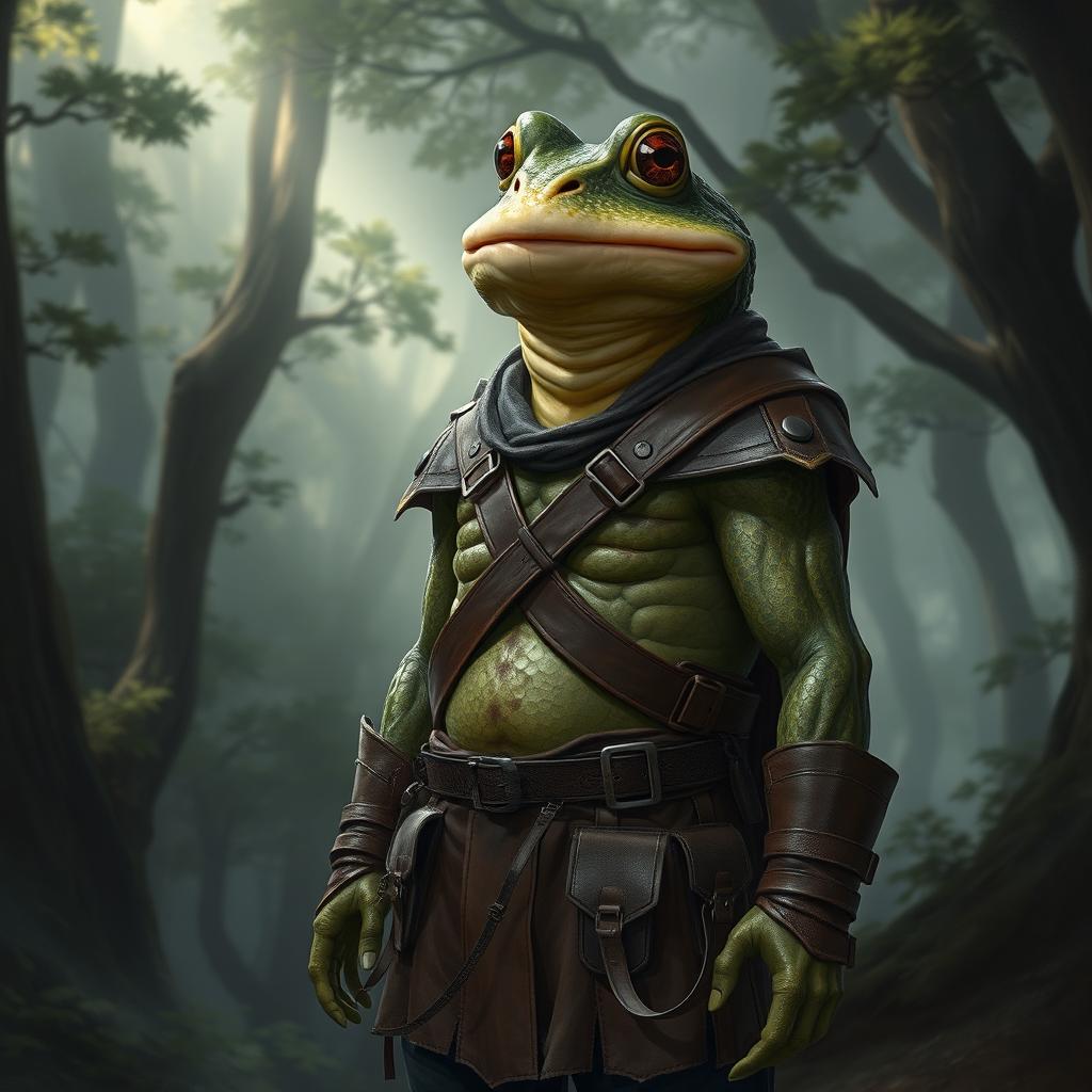 A Dungeons and Dragons character depicted as a human toad-frog hybrid, showcasing a unique blend of humanoid and amphibian features with textured skin reflecting shades of green and brown