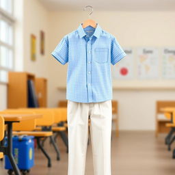 A delightful school uniform design for elementary students featuring a blue shirt with a small checkered pattern in lighter blue and white hues