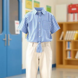 A delightful school uniform design for elementary students featuring a blue shirt with a small checkered pattern in lighter blue and white hues