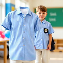 A delightful school uniform design for elementary students featuring a blue shirt with a small checkered pattern in lighter blue and white hues