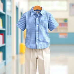 A delightful school uniform design for elementary students featuring a blue shirt with a small checkered pattern in lighter blue and white hues