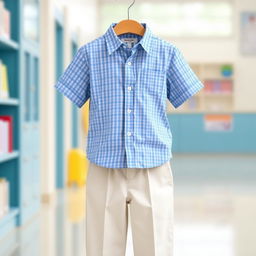 A delightful school uniform design for elementary students featuring a blue shirt with a small checkered pattern in lighter blue and white hues