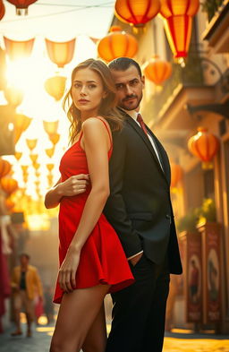 A young woman in a short red dress, radiating confidence, stands next to a mysterious man in a tailored suit, exuding a mafia vibe