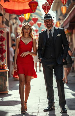 A young woman in a short red dress, radiating confidence, stands next to a mysterious man in a tailored suit, exuding a mafia vibe