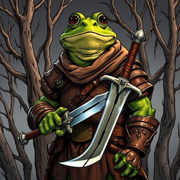 A Dungeons and Dragons character illustrated in a comic style, portraying a human toad-frog hybrid with distinctive amphibian features and vibrant green and brown skin