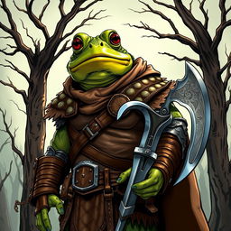 A Dungeons and Dragons character illustrated in a comic style, portraying a human toad-frog hybrid with distinctive amphibian features and vibrant green and brown skin