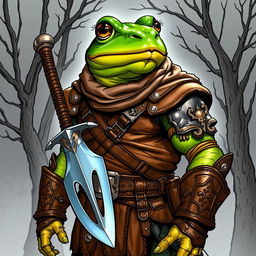 A Dungeons and Dragons character illustrated in a comic style, portraying a human toad-frog hybrid with distinctive amphibian features and vibrant green and brown skin