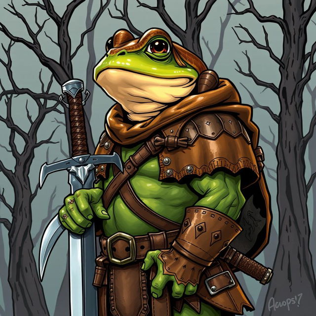 A Dungeons and Dragons character illustrated in a comic style, portraying a human toad-frog hybrid with distinctive amphibian features and vibrant green and brown skin