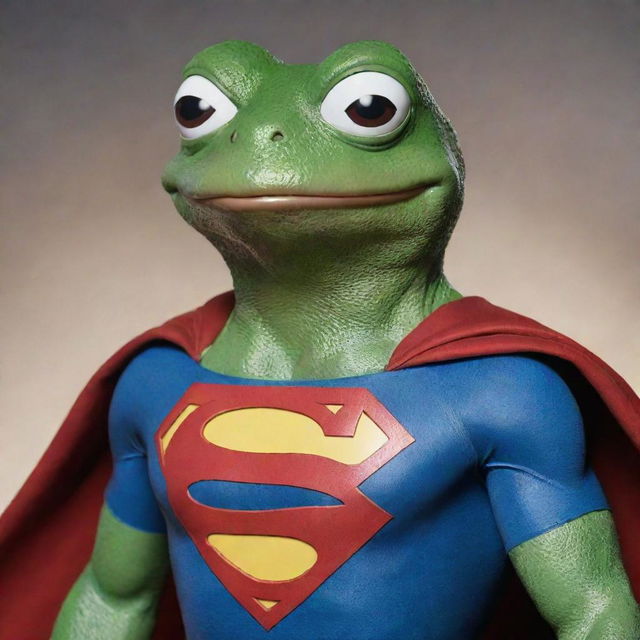 Pepe the Frog as a Superman, displaying his powers confidently, all in high definition.