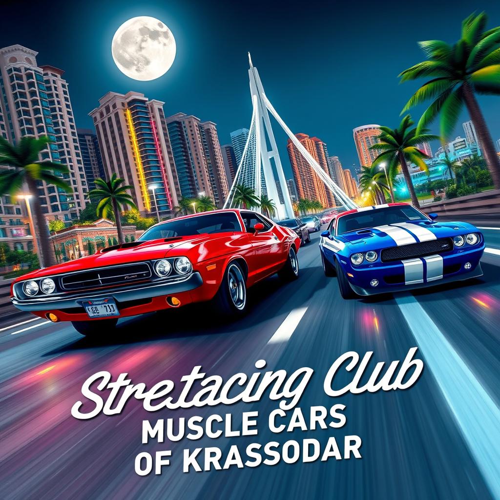 A dynamic street race scene taking place at night in a vibrant beach resort city, featuring a vintage red Dodge Challenger racing against a vintage blue Ford Mustang with striking white stripes