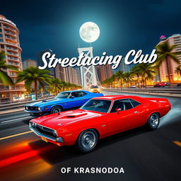 A dynamic street race scene taking place at night in a vibrant beach resort city, featuring a vintage red Dodge Challenger racing against a vintage blue Ford Mustang with striking white stripes