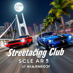 A dynamic street race scene taking place at night in a vibrant beach resort city, featuring a vintage red Dodge Challenger racing against a vintage blue Ford Mustang with striking white stripes