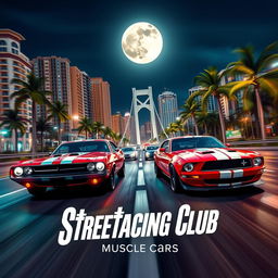 A dynamic street race scene taking place at night in a vibrant beach resort city, featuring a vintage red Dodge Challenger racing against a vintage blue Ford Mustang with striking white stripes