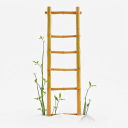 A tall simple bamboo ladder surrounded by a few green sprouts and leaves, at the base of the ladder is white sand in a Japanese zen garden style