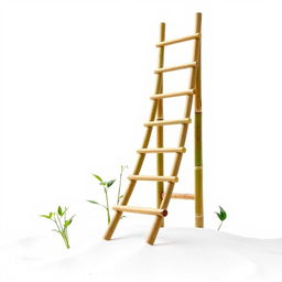 A tall simple bamboo ladder surrounded by a few green sprouts and leaves, at the base of the ladder is white sand in a Japanese zen garden style