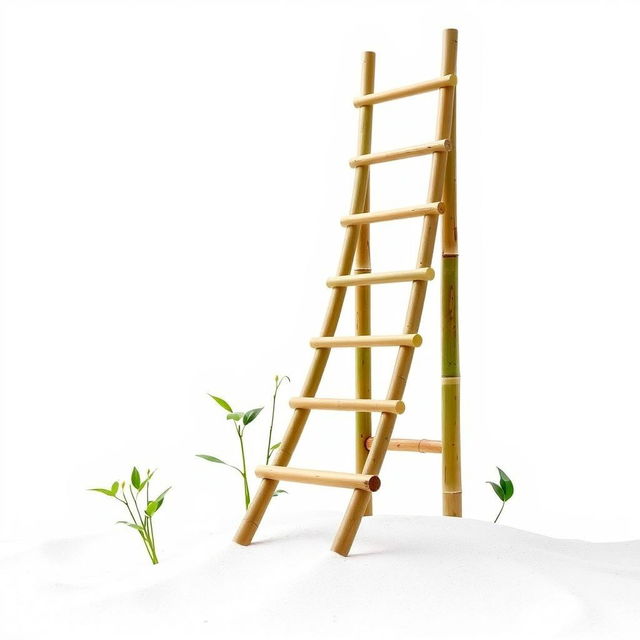 A tall simple bamboo ladder surrounded by a few green sprouts and leaves, at the base of the ladder is white sand in a Japanese zen garden style