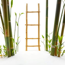 A tall simple bamboo ladder surrounded by a few green sprouts and leaves, at the base of the ladder is white sand in a Japanese zen garden style