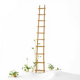 A tall simple bamboo ladder surrounded by a few green sprouts and leaves, at the base of the ladder is white sand in a Japanese zen garden style