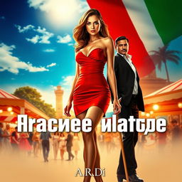 An engaging movie poster featuring a stunning woman in a short, vibrant red dress, standing confidently at the center