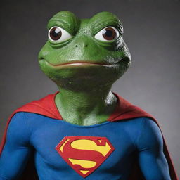 Pepe the Frog as a Superman, displaying his powers confidently, all in high definition.