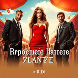 An engaging movie poster featuring a stunning woman in a short, vibrant red dress, standing confidently at the center