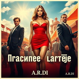 An engaging movie poster featuring a stunning woman in a short, vibrant red dress, standing confidently at the center