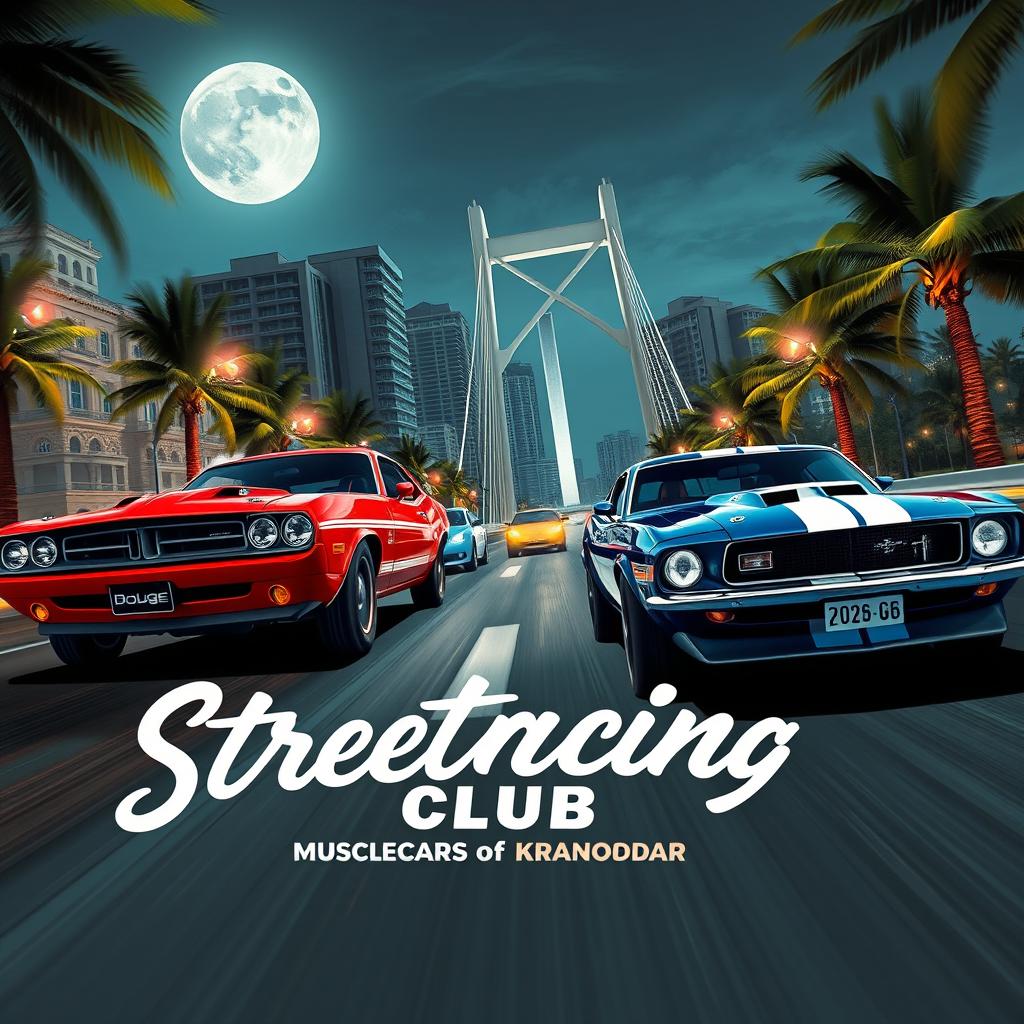 A thrilling street race scene unfolding at night in a lively beach resort city, featuring a vintage red Dodge Challenger competing head-to-head with a vintage blue Ford Mustang adorned with white stripes