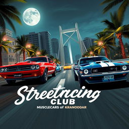 A thrilling street race scene unfolding at night in a lively beach resort city, featuring a vintage red Dodge Challenger competing head-to-head with a vintage blue Ford Mustang adorned with white stripes