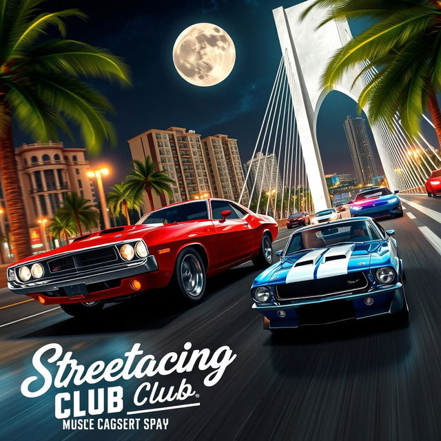 A thrilling street race scene unfolding at night in a lively beach resort city, featuring a vintage red Dodge Challenger competing head-to-head with a vintage blue Ford Mustang adorned with white stripes