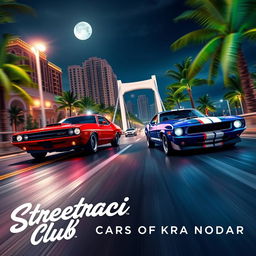 A thrilling street race scene unfolding at night in a lively beach resort city, featuring a vintage red Dodge Challenger competing head-to-head with a vintage blue Ford Mustang adorned with white stripes