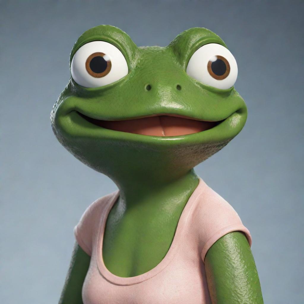 A female frog character, designed in the same cartoony style as Pepe the Frog, looking charming and delightful.