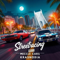 A thrilling street race scene unfolding at night in a lively beach resort city, featuring a vintage red Dodge Challenger competing head-to-head with a vintage blue Ford Mustang adorned with white stripes