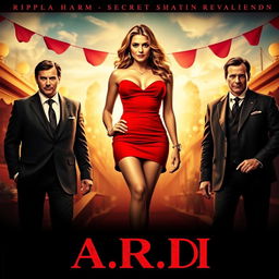 An intriguing movie poster featuring a stunning woman in a short, striking red dress, confidently standing in the center