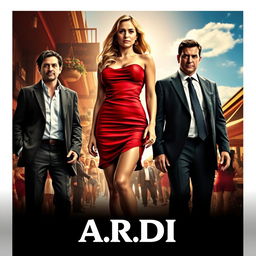 An intriguing movie poster featuring a stunning woman in a short, striking red dress, confidently standing in the center