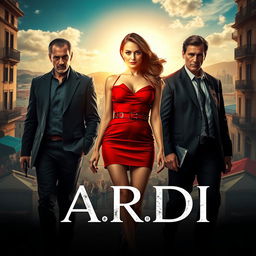 A captivating thriller movie poster featuring a striking woman in a short, glamorous red dress, standing at the forefront with an air of confidence and mystery