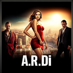 A captivating thriller movie poster featuring a striking woman in a short, glamorous red dress, standing at the forefront with an air of confidence and mystery