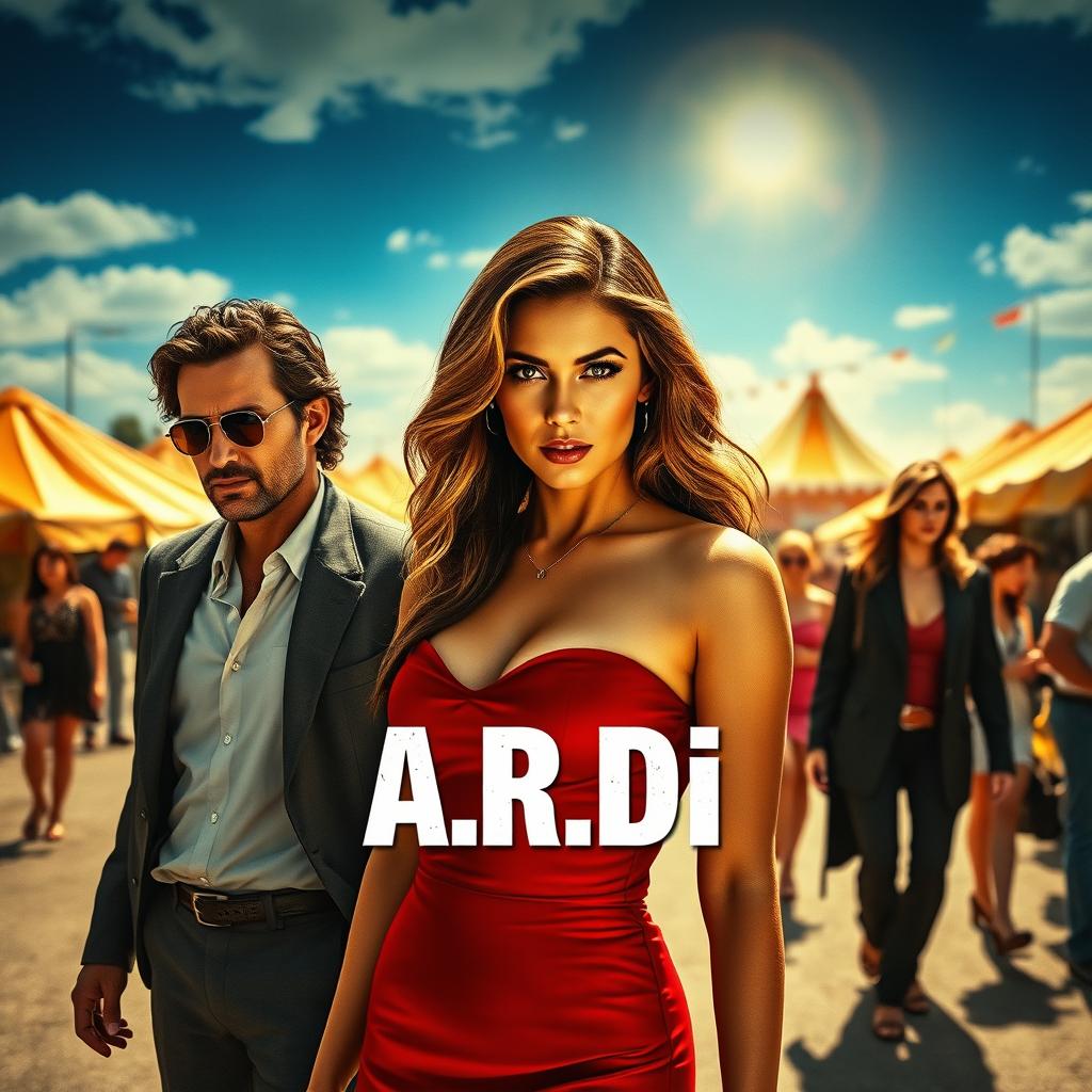 A thrilling movie poster showcasing an intriguing scene with a beautiful woman in a short, eye-catching red dress, positioned confidently in the foreground