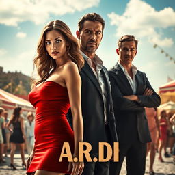 A thrilling movie poster showcasing an intriguing scene with a beautiful woman in a short, eye-catching red dress, positioned confidently in the foreground