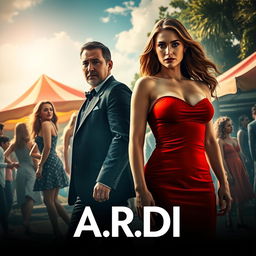 A thrilling movie poster showcasing an intriguing scene with a beautiful woman in a short, eye-catching red dress, positioned confidently in the foreground