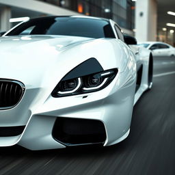 A futuristic white BMW design, featuring striking black headlights that enhance its bold and aggressive look