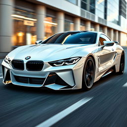 A futuristic white BMW design, featuring striking black headlights that enhance its bold and aggressive look